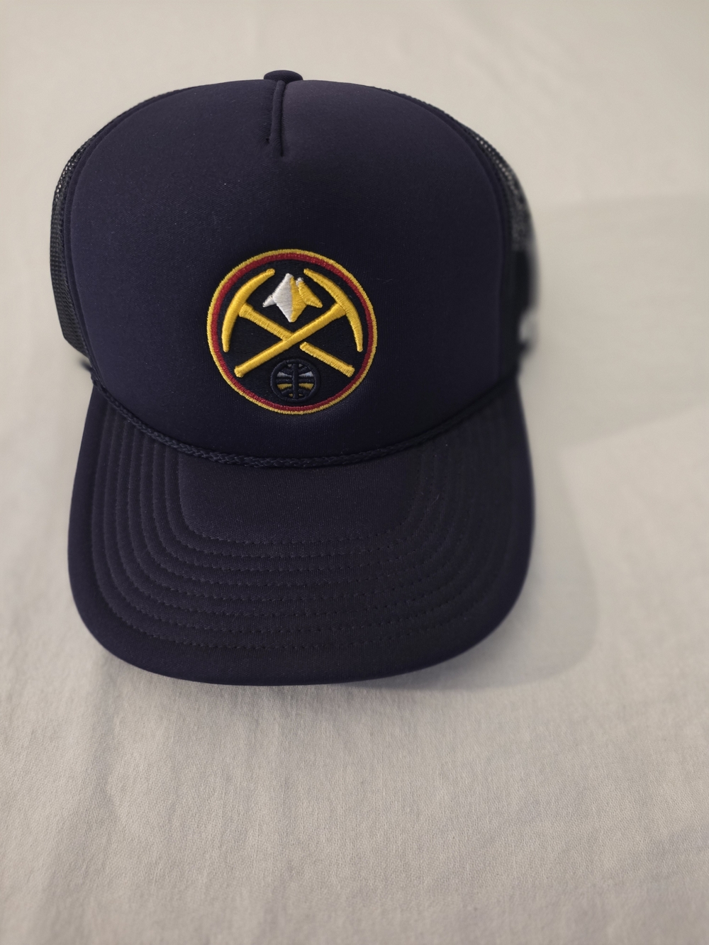 Navy Mesh Trucker Hat with Yellow & Red Embroidered Crest